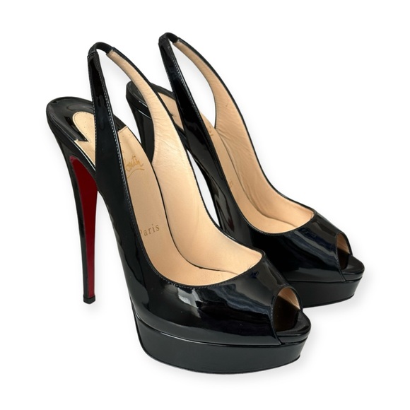CHRISTIAN LOUBOUTIN Black Patent Leather Platform Red Bottom Heel Open-Toed